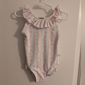 Chick Pea Pink and White Floral One Piece Swimsuit With Ruffle